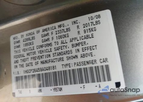 2009 Honda Accord 2.4 Lx-P из США, поврежденный, VIN 1HGCP26459A048181